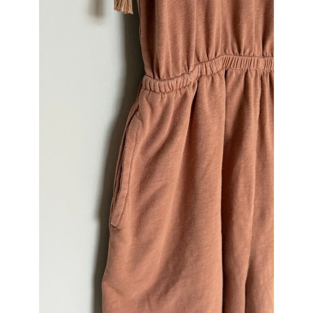 Aerie Womens S Romper Terracotta Tie Shoulder Tassel Boho Cotton Jersey Vacation